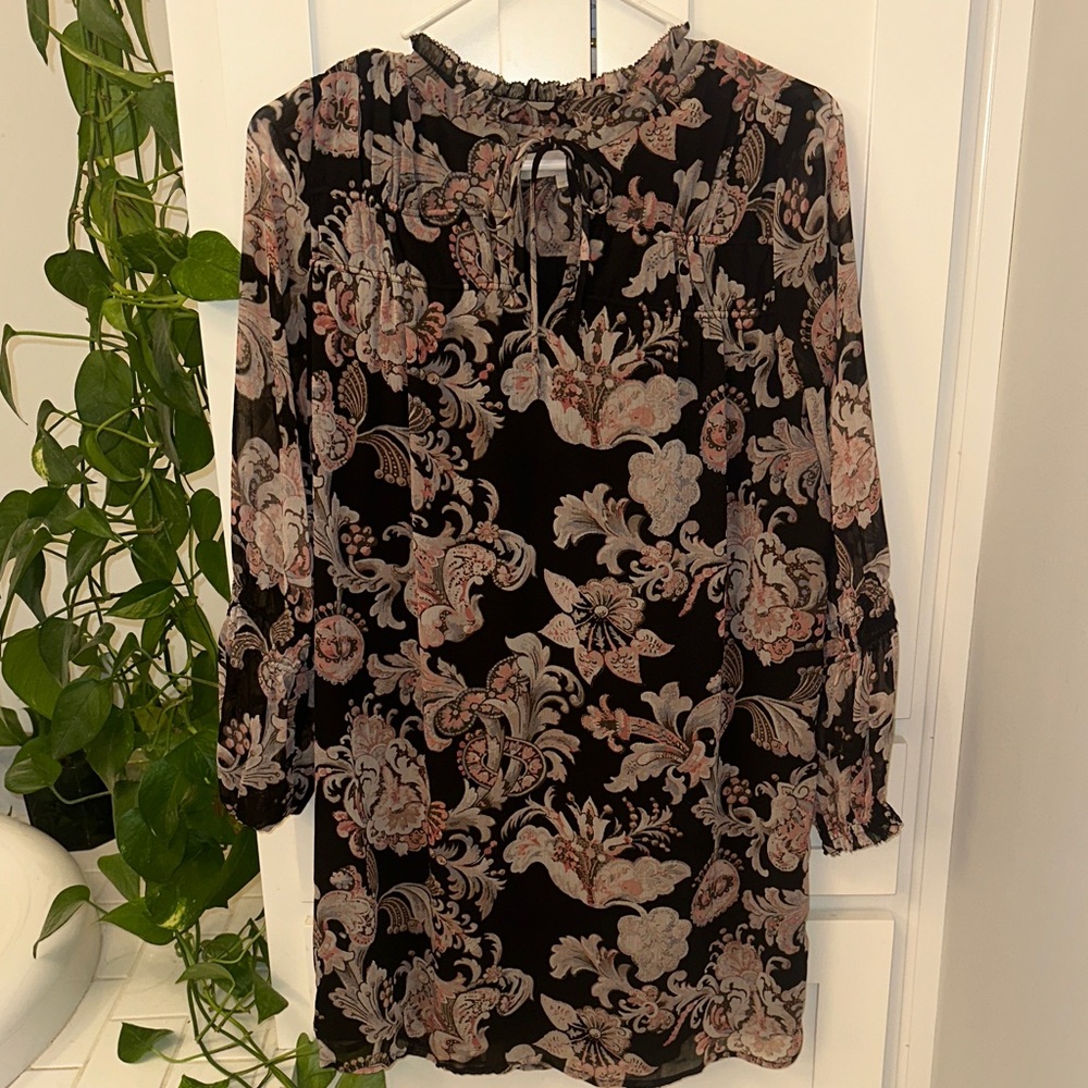 LOFT Floral Black and Pink Long Sleeve Tunic Dress XSP